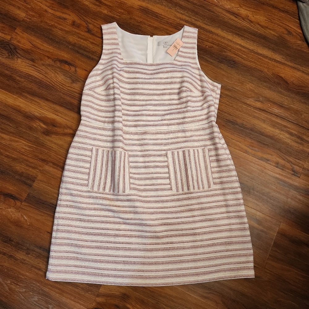 LOFT White and Pink Striped Sleeveless Sheath Dress